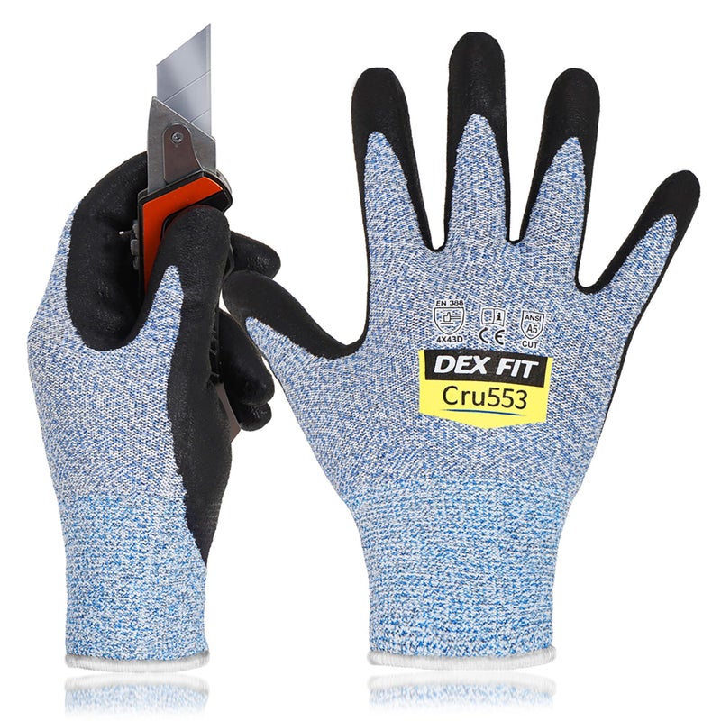 DEX FIT Level 5 Cut Resistant Gloves Cru553, 3D-Comfort Stretchy Fit, Power Grip, Professional Grade, Thin, Touch-Screen Compatible, Durable, Machine Washable; Blue S (7) 1 Pair - Image 1